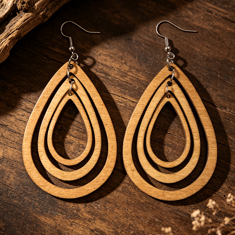 Bohemian Style 3-Layer Water Drop Wooden Earrings, Casual Chic